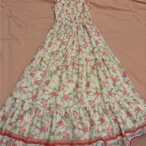 Smocked Floral Maxi Dress in Cream and Pink